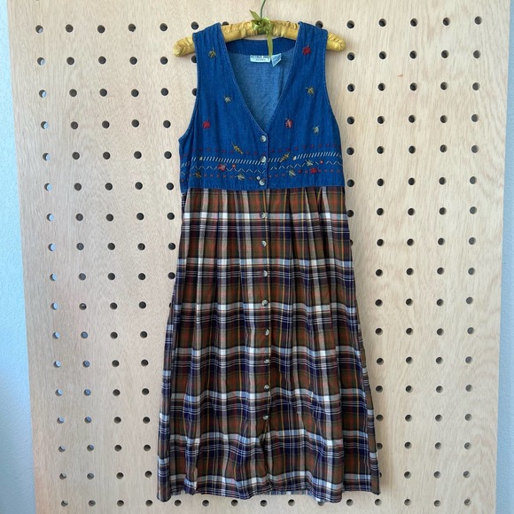90s plaid and denim dress - Picture 1 of 4